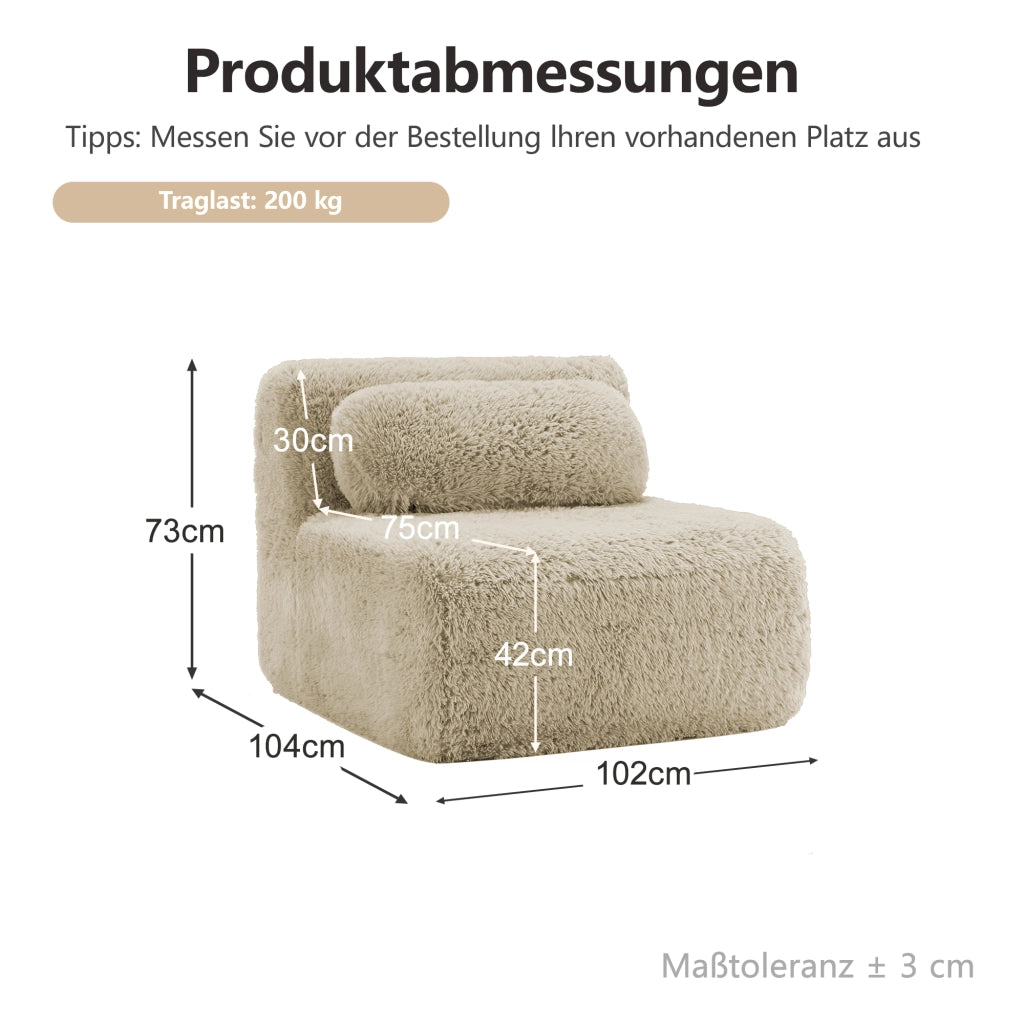 Divano modulare senza braccioli con cuscino in tessuto peluche, seduta ampia, beige cachi chiaro