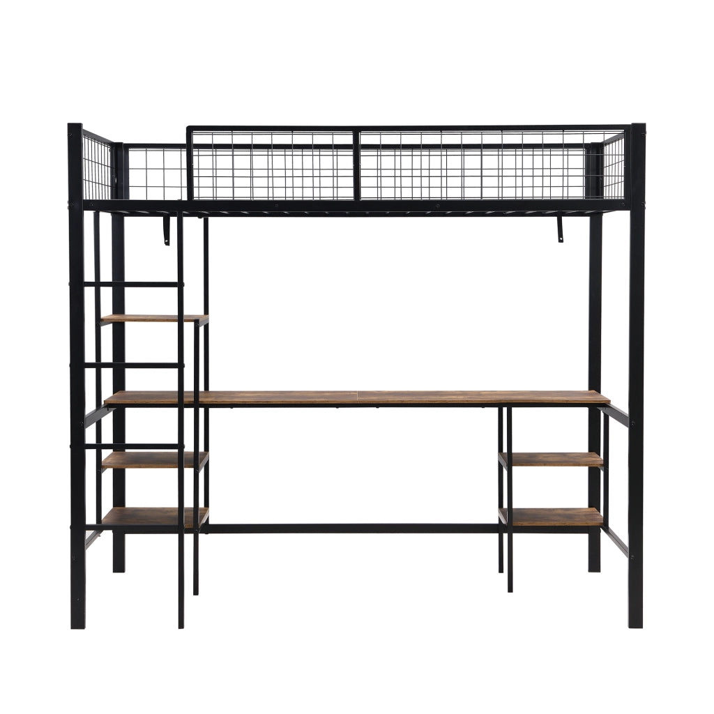 Letto a Soppalco 90 x 200 cm - Scrivania; Mensole e Scala a 4 Gradini - Nero