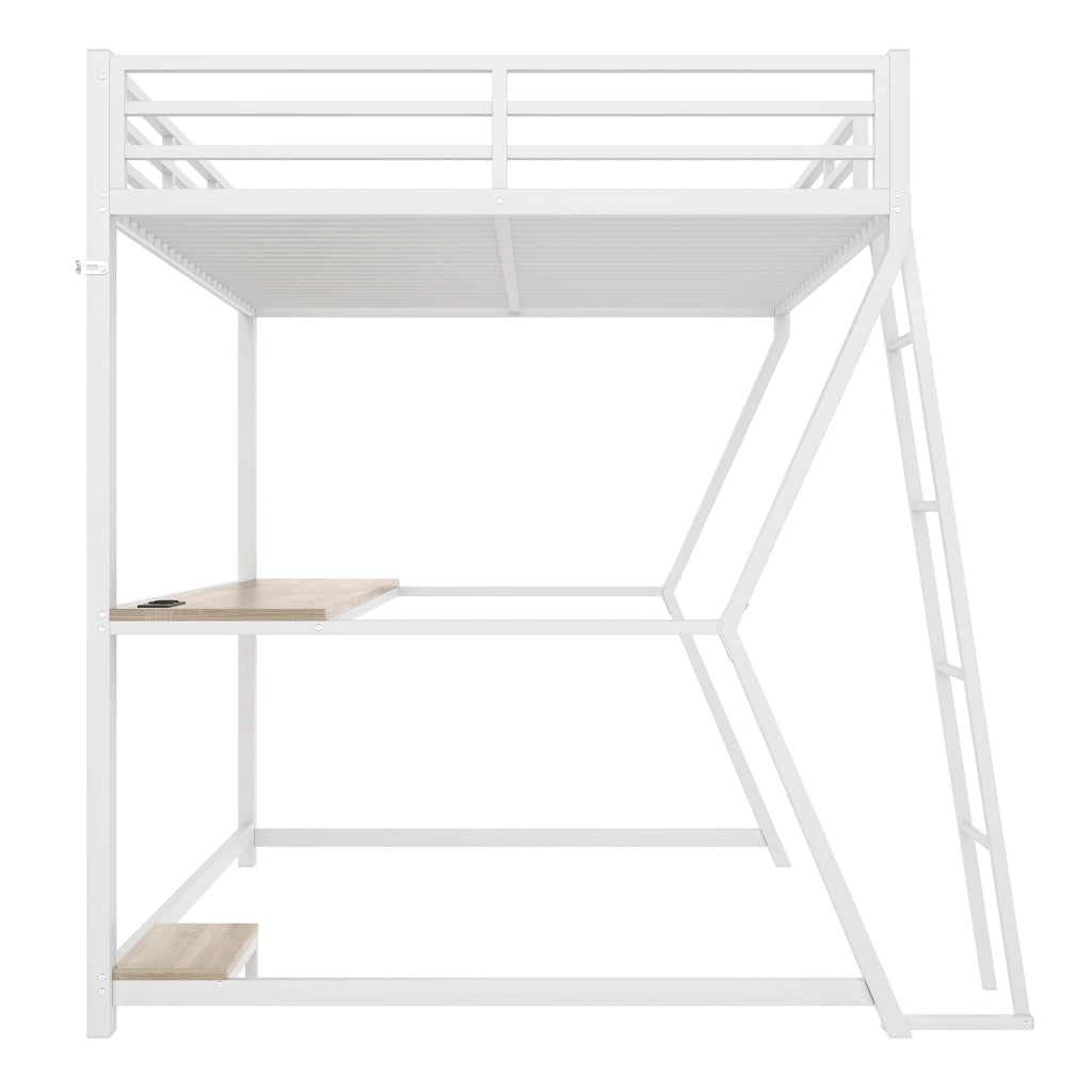 DESMIU Letto a soppalco 2 posti con scrivania, presa e USB, luce LED, 140 × 200 cm, senza materasso, bianco