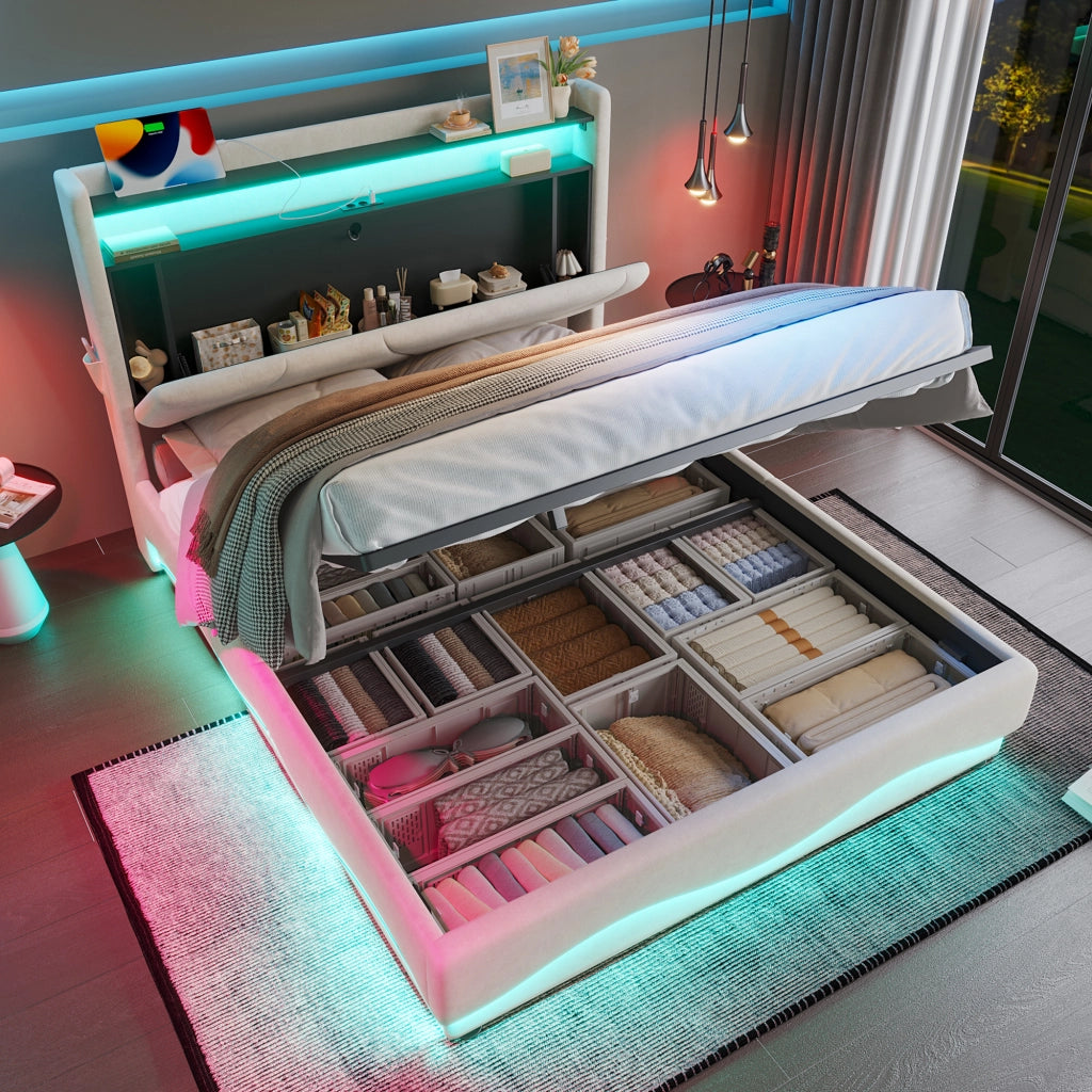 OKWISH Letto Contenitore 140×200 cm, Letto Matrimoniale con LED, USB, Tipo C, Mensole e Tasche Laterali, senza Materasso, in Velluto, Beige