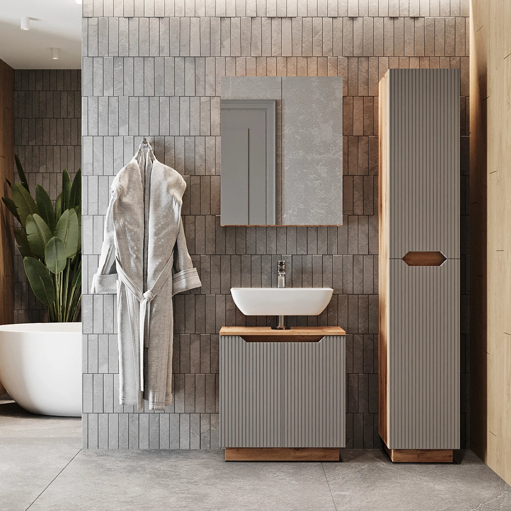 Vicco Set di mobili da bagno Rovere/grigio a righe 3 parti