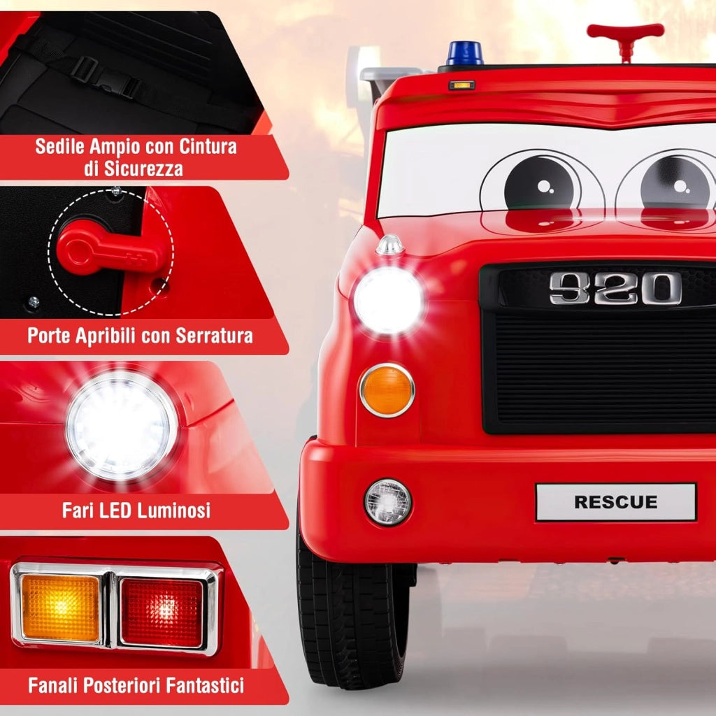 Camion dei Pompieri per Bambini, 12V Macchina Elettrica con Spruzzatore d'Acqua, Telecomando, Musica, Sirena, Luci e Avvio Morbido, Veicolo Elettrico per Bambini 3+ Anni