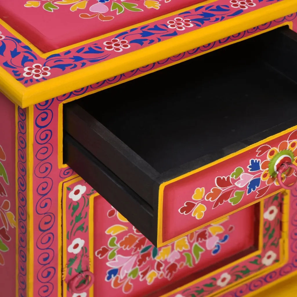 Comodino in Legno Massello di Mango Rosa Dipinto a Mano 244835