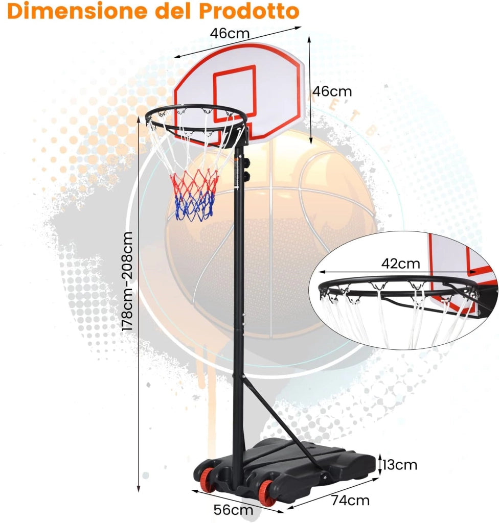 Canestro da Basket da Esterno Regolabile 178 e 208 cm, Canestro da Basket per Bambini con Ruote e Base Riempibile, Ideale per Interno ed Esterno