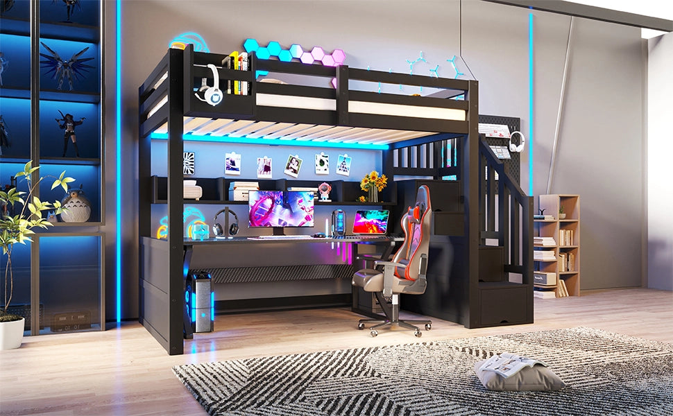 Letto a soppalco nero 90x200 con scale contenitore, armadio e luci LED