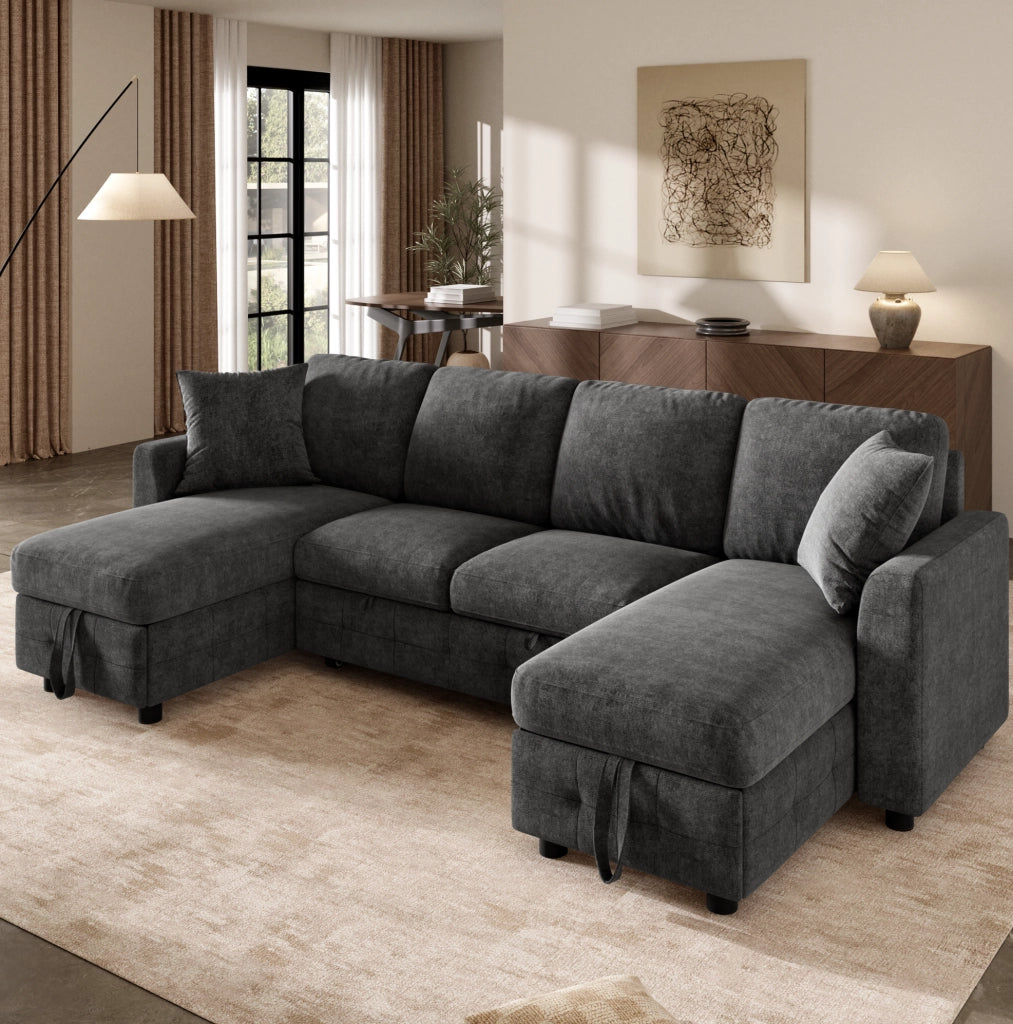 Divano letto modulare in chenille con contenitore e ricarica integrata