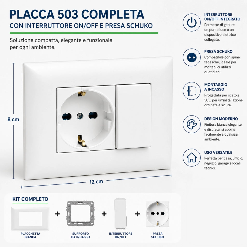 Placca Placchetta 503 Incasso 2 Posti con Interruttore e Presa Schuko