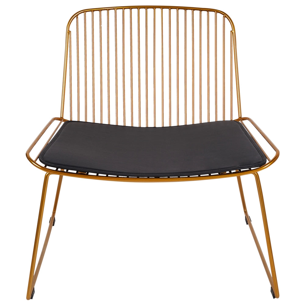Sedia d'accento in metallo dorato con design a filo senza braccioli in ecopelle nera con cuscinetto Glam Industrial Modern