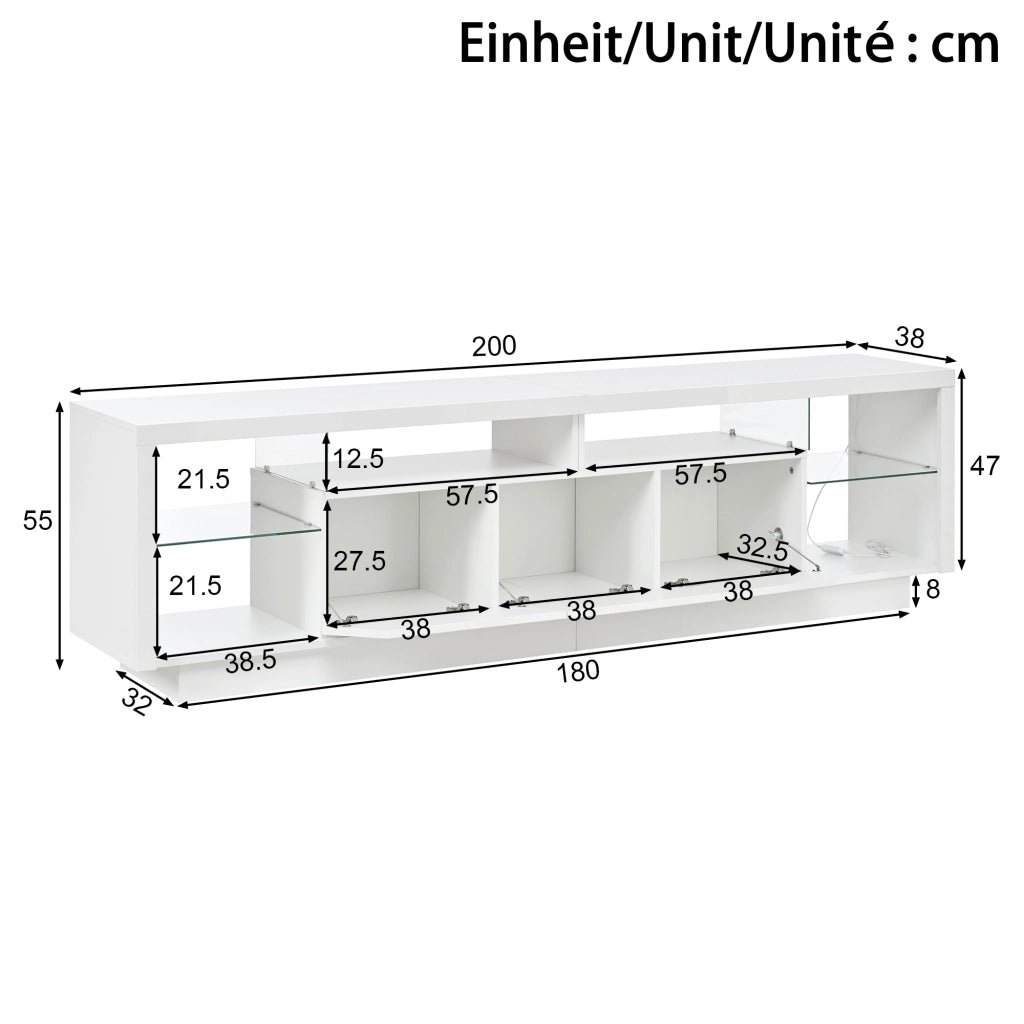 Mobile porta TV con 3 ante, vani aperti in vetro e LED, per soggiorno, in legno truciolare bianco, 200 × 38 × 55 cm
