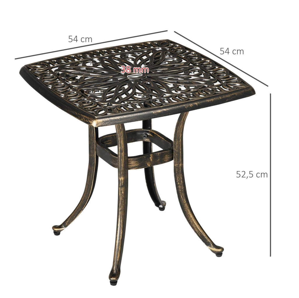 Tavolino da esterno in alluminio bronzo con foro per ombrellone