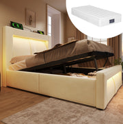 Letto singolo 90x200 cm con contenitore; LED; USB e Type-C; velluto beige; con materasso