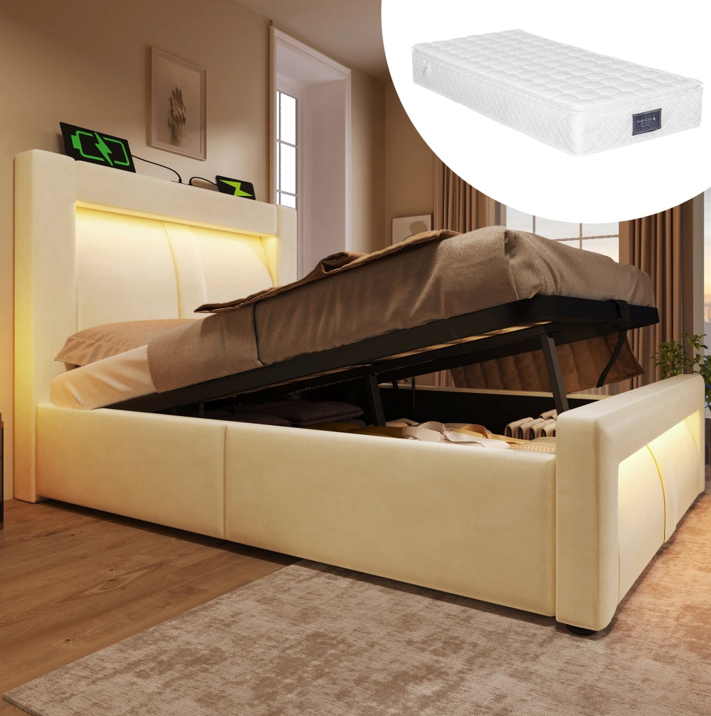 Letto singolo 90x200 cm con contenitore; LED; USB e Type-C; velluto beige; con materasso
