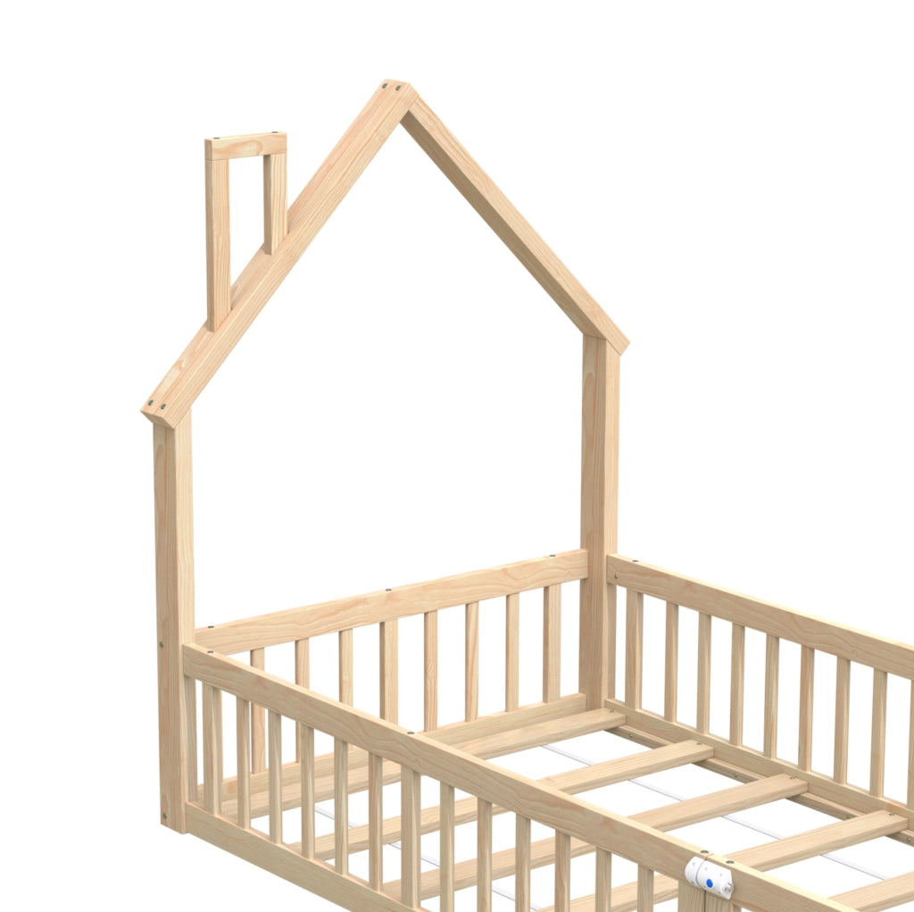 Letto a casetta per bambini 90x200 cm con camino, naturale