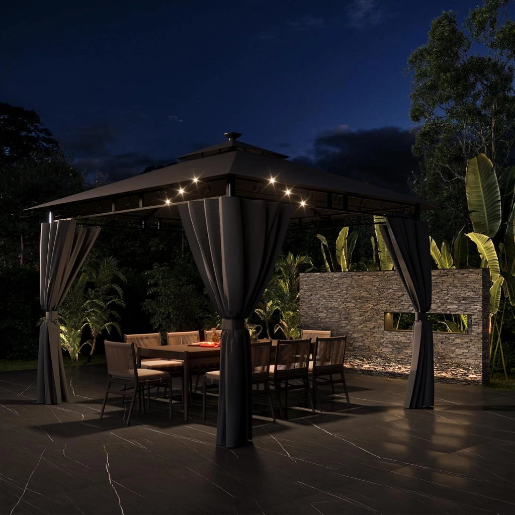 Gazebo Esterno Resistente 3x3m con Luce LED, Gazebo da Giardino Impermeabile Robusto per 4-6 Persone, Doppio Tetto Protezione UV50+, Tenda da Giardino per Famiglie Festival Eventi, Grigio