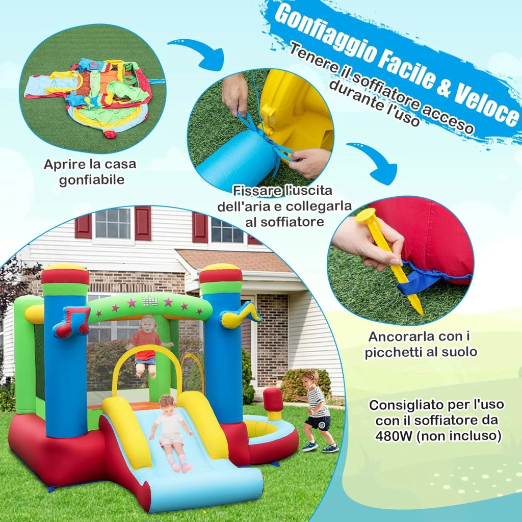 Castello Gonfiabile 5 in 1 per Bambini di Tema Musicale, Castello Gonfiabile con Scivolo, Trampolino, Piscina e Canestro, Gioco Gonfiabile da Interno ed Esterno, per Bambini da 3 a 12 Anni
