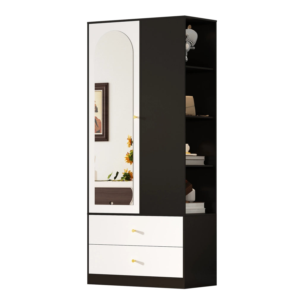 Armadio con specchio a 1 anta, 2 cassetti e 4 vani aperti, per camera e ingresso, bianco e nero, 80 × 40 × 180 cm