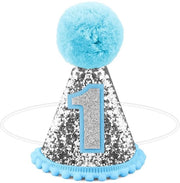 Cappello di compleanno premium con pelo di lupo - decorativo - decorazione di compleanno per bambini - 11x8cm - argento/blu
