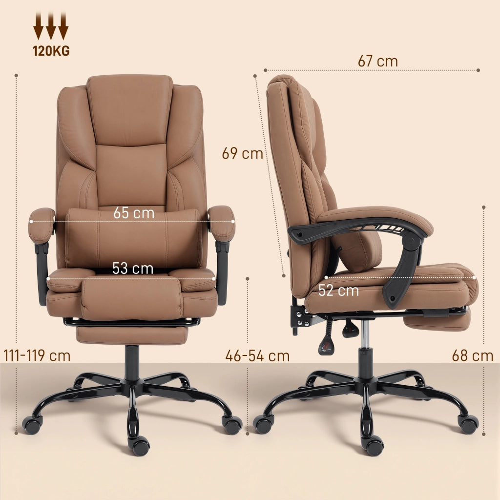 Sedia da Ufficio Reclinabile 65x67x111-119 cm con Poggiapiedi e Rotelle in Finta Pelle Marrone