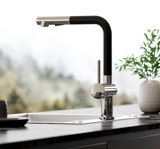 Kraan da cucina, Uscibile con due funzioni d'acqua, Miscelatore a un giro per lavandino, 360° girevole, Maniglia di zinco, Cromo nero