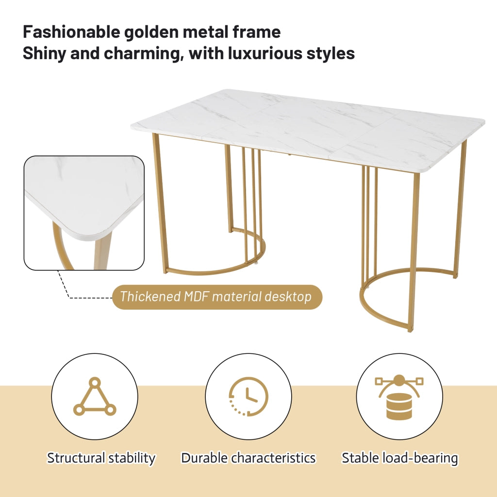 Tavolo da pranzo moderno con 4 sedie in velluto, piano in MDF effetto marmo, gambe in metallo, bianco, 140 × 80 cm