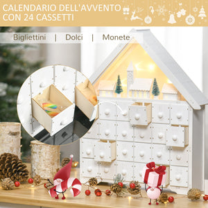 Calendario dell'Avvento  39x9x42 cm 24 Cassetti Villaggio di Natale con Alberi e Luci Bianco