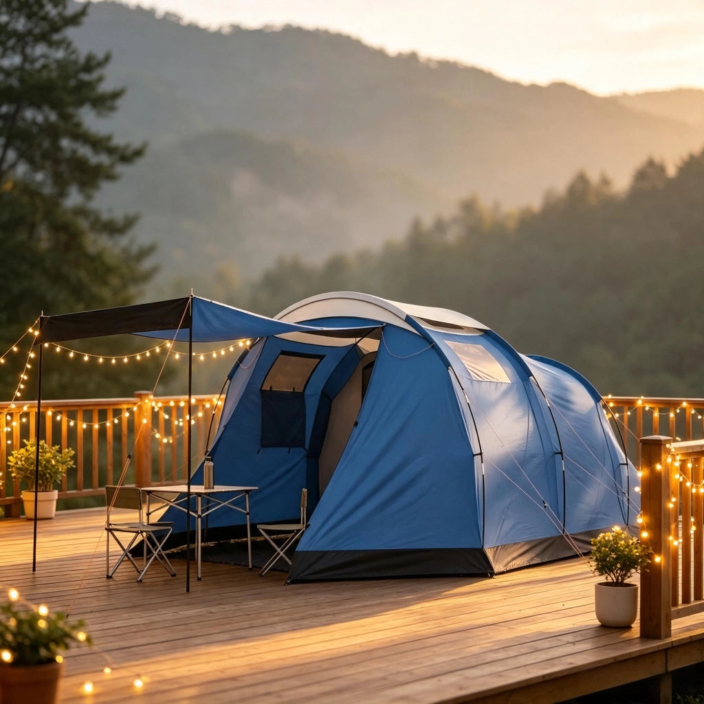 Tenda a tunnel per 4 persone, impermeabile 3000 mm, a doppia parete, altezza interna 190 cm, blu.