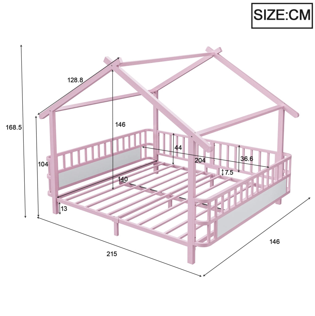 Letto per bambini 140x200 cm con sbarre di sicurezza e tetto in metallo rosa