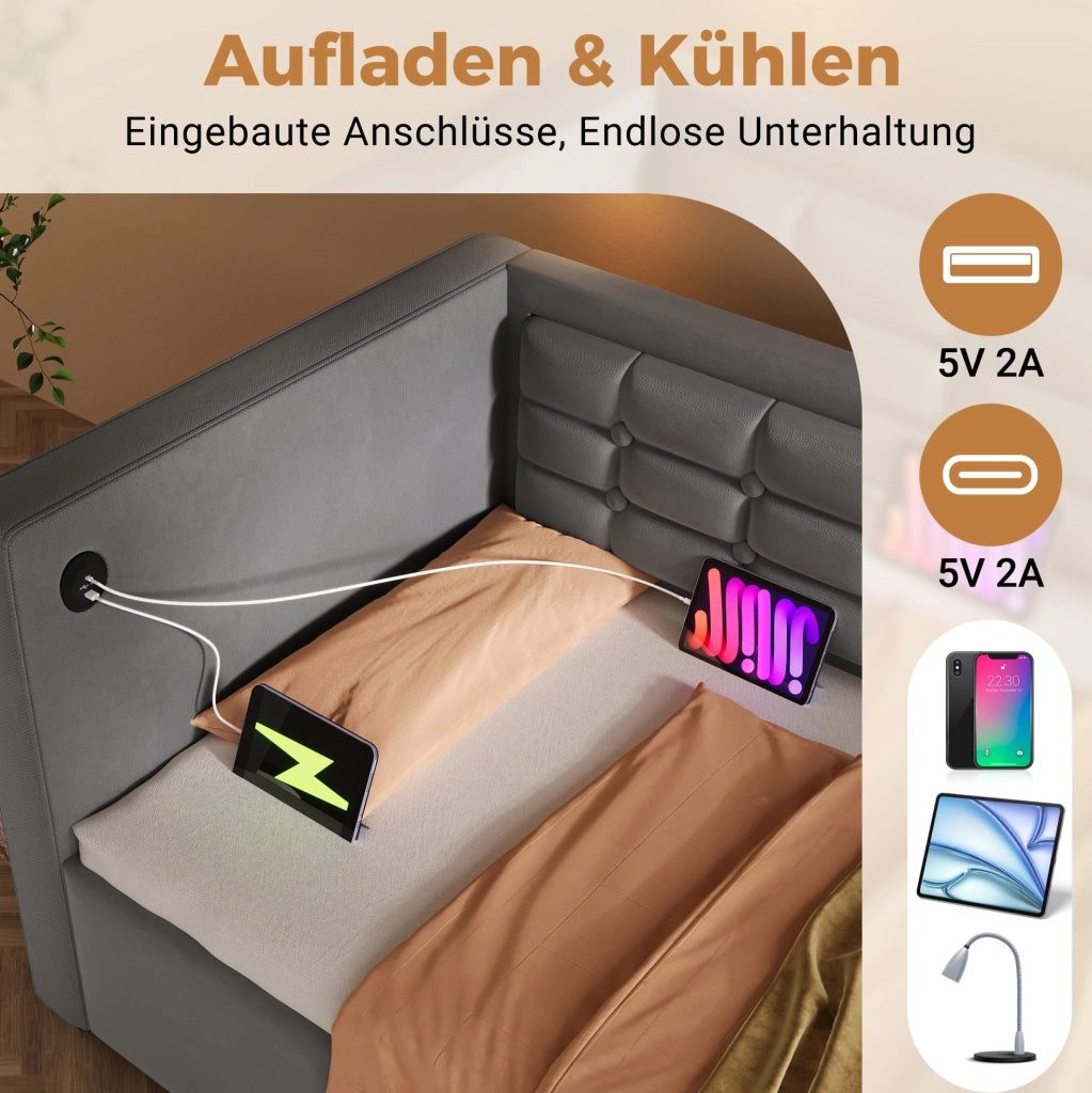 Divano letto singolo 90x190 cm in velluto grigio con contenitore idraulico e USB Type-C