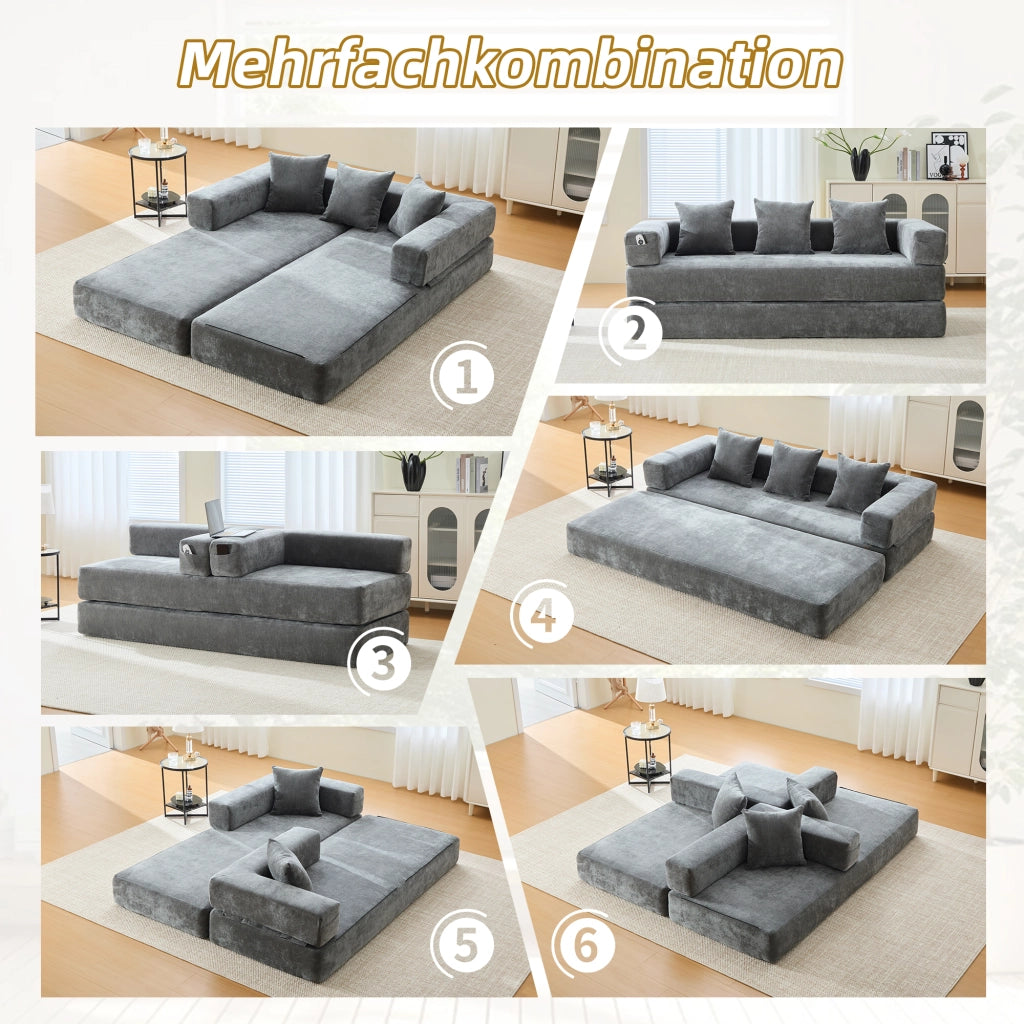 divano modulare trasformabile con tasche laterali; base antiscivolo e chiusura con zip in ciniglia grigio scuro