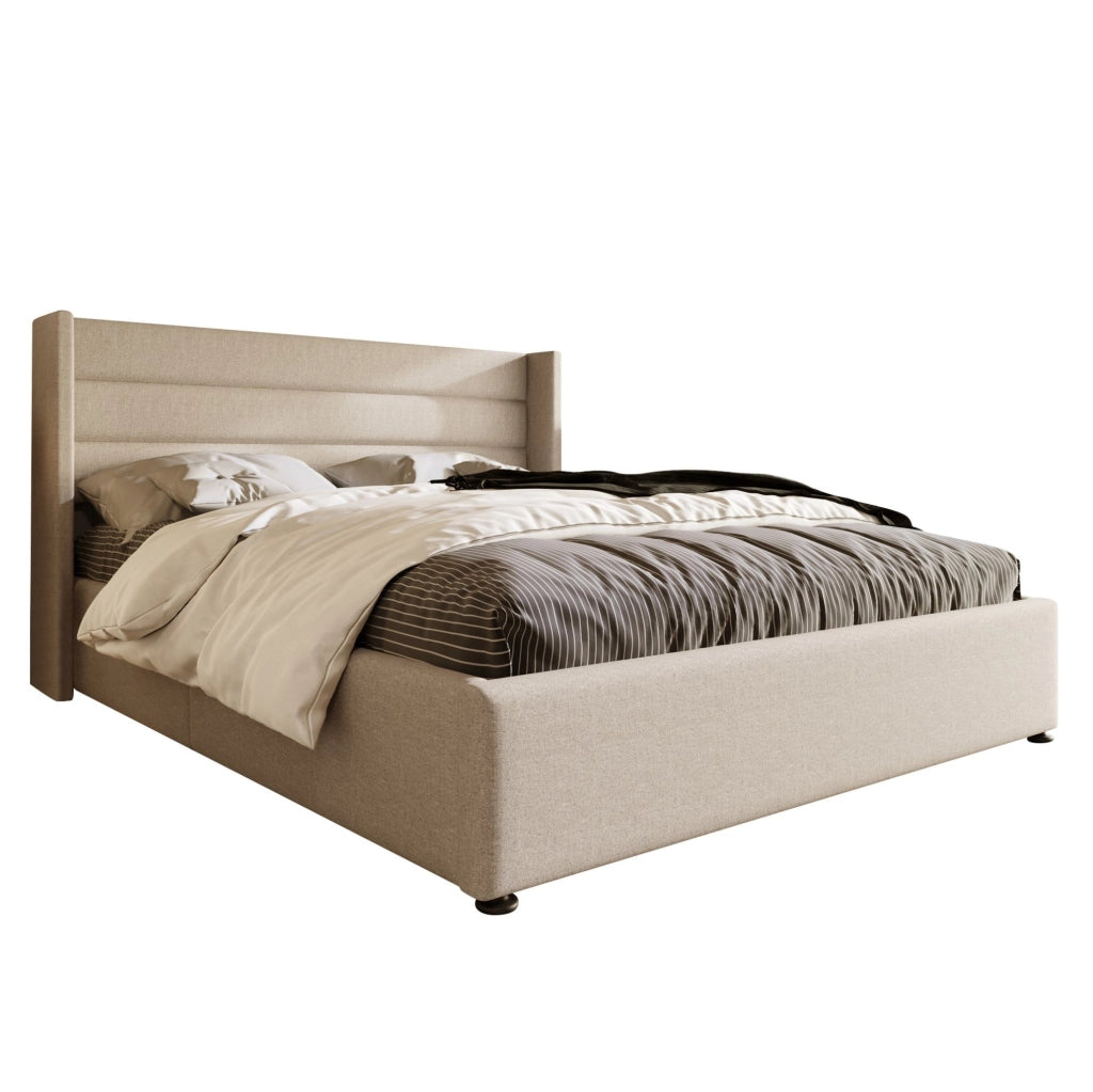 Letto matrimoniale contenitore 140x200 cm in lino beige con rete sollevabile e testiera imbottita