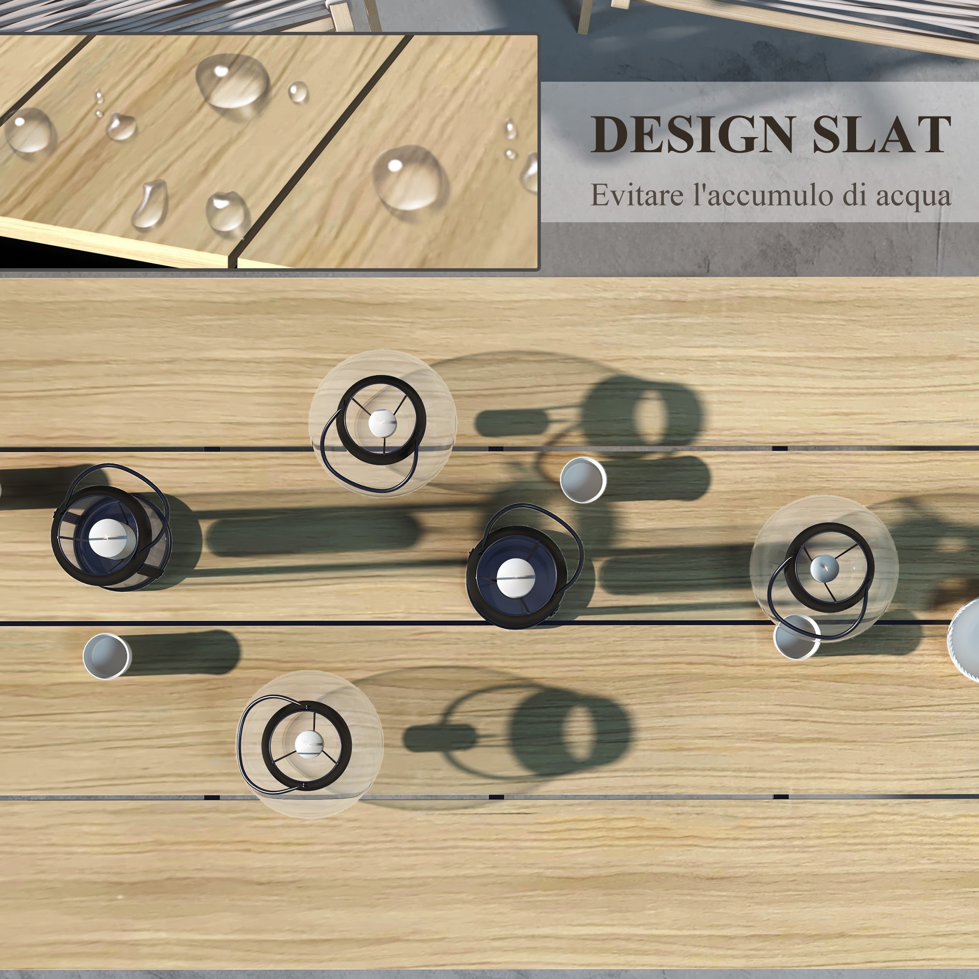 Tavolo da Giardino Rettangolare per 6-8 Persone 180x90x74cm in Alluminio con Piano a Doghe Quercia