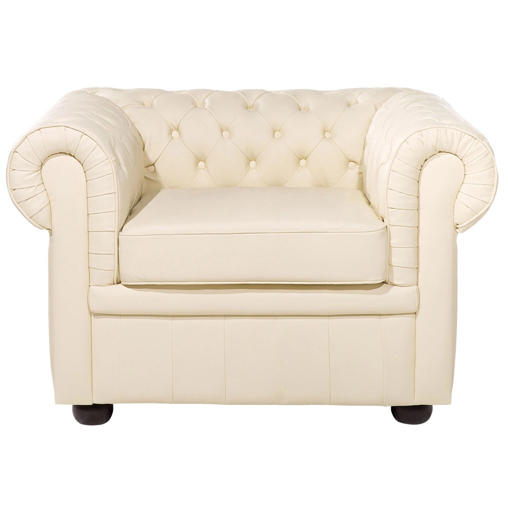 Set soggiorno Chesterfield tappezzeria in pelle crema gambe in legno scuro divano a 3 posti + poltrona contemporanea