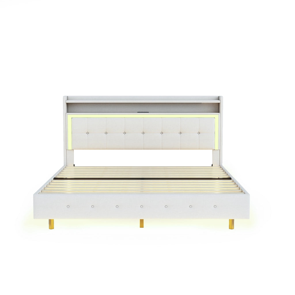 LETTO imbottito 140x200 cm beige in lino con USB e luci LED