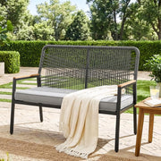 Panchina da giardino in rattan, sedia da giardino a 2 posti in polyrattan, panchina da esterno, resistente alle intemperie, braccioli in WPC, per terrazza, giardino e veranda, grigio