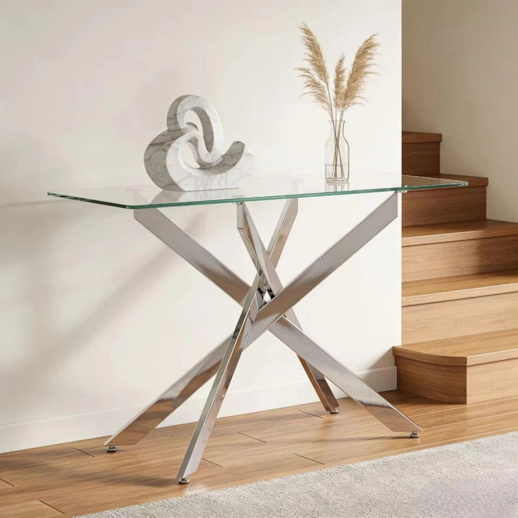 Tavolo Consolle in Vetro Temperato 115 x 45 x 78 cm, Consolle Ingresso Telaio Robusto con Gambe in Metallo Incrociate e Piedini Regolabili, Salvaspazio, per Soggiorno e Corridoio