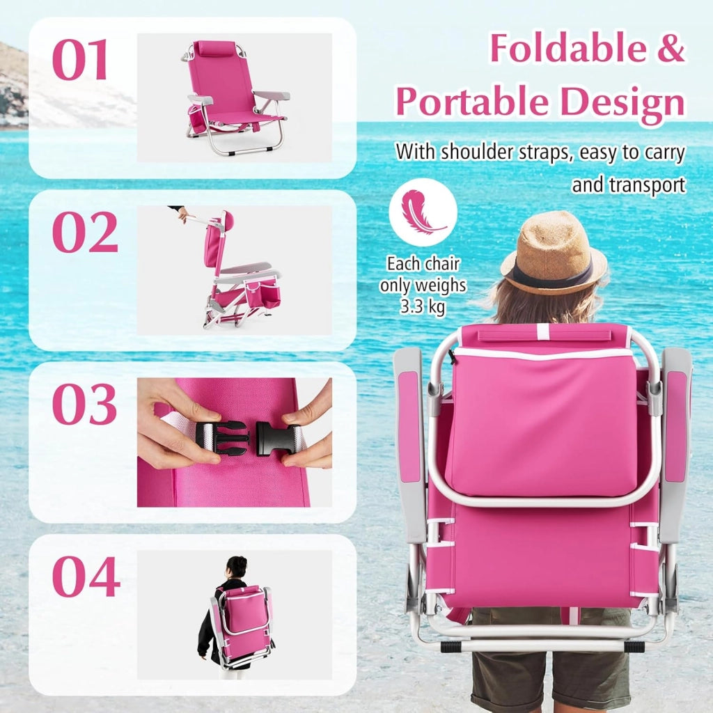 Sedia da spiaggia pieghevole, sedia da campeggio con schienale regolabile in 5 posizioni, porta asciugamano, tasca e cuscino per la testa, sedia pieghevole e sdraio 2-in-1, fino a 150 kg (65 x