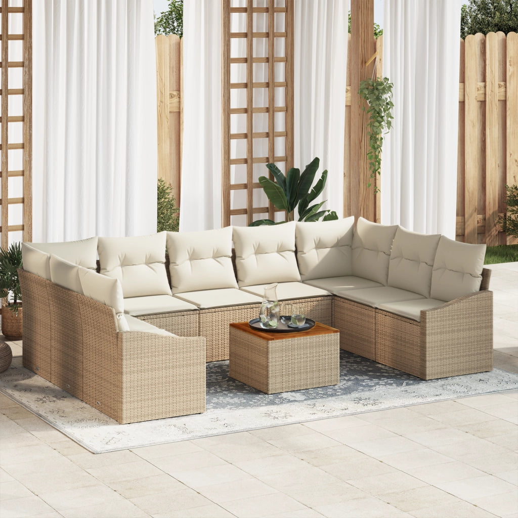 Set di divani da giardino 10 pezzi con cuscini Beige Polirattan Acacia