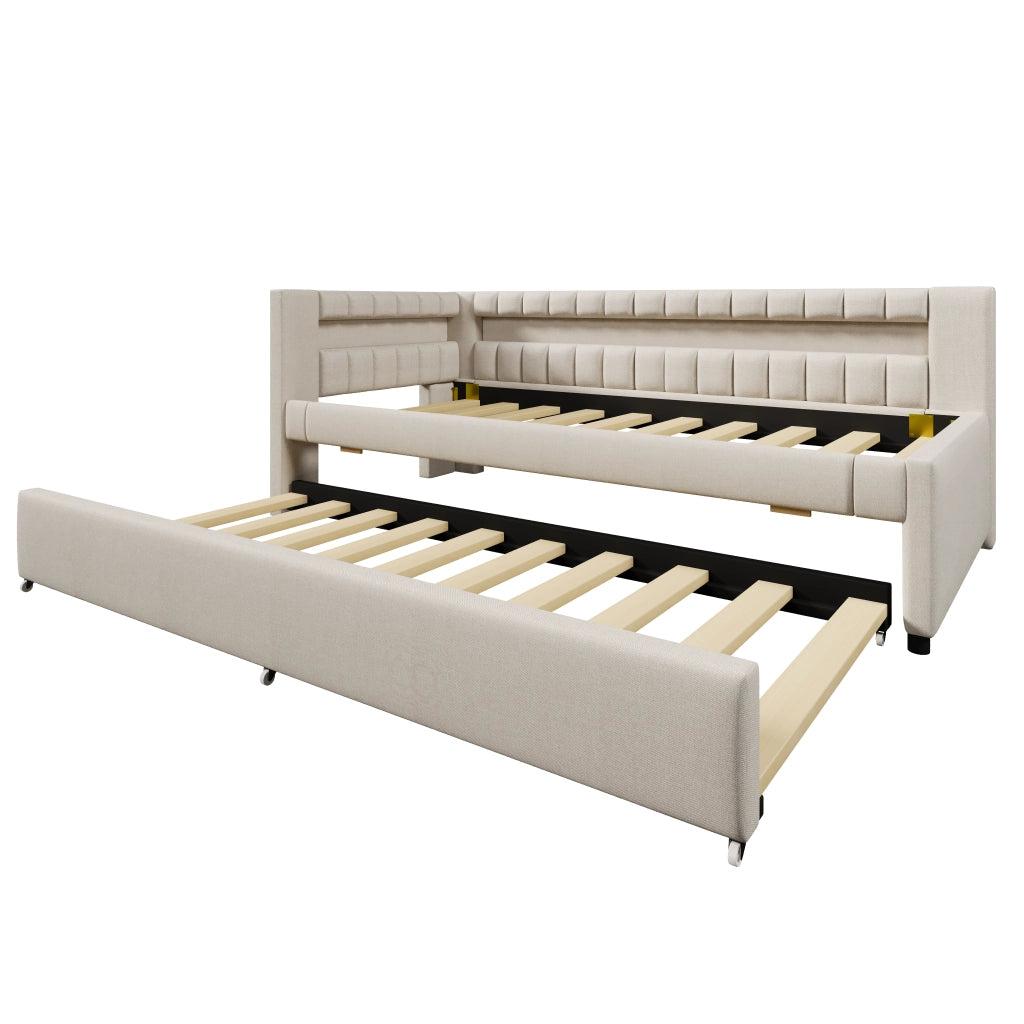 Letto divano singolo 90x200 cm; secondo letto estraibile; LED; USB e Tipo C; lino e MDF; grigio