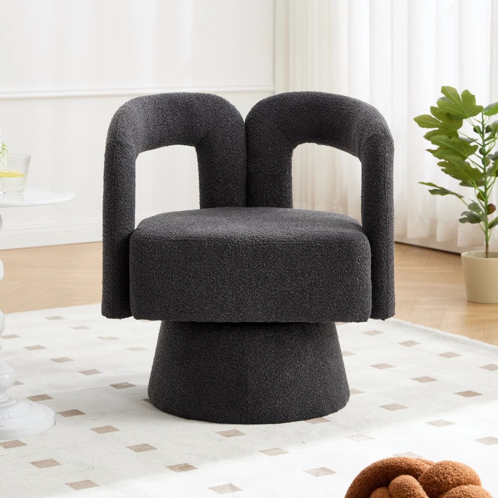 Poltrona Girevole 360° con Seduta Ampia Imbottita; Braccioli Arrotondati; Base in Metallo; in Bouclé Grigio Scuro
