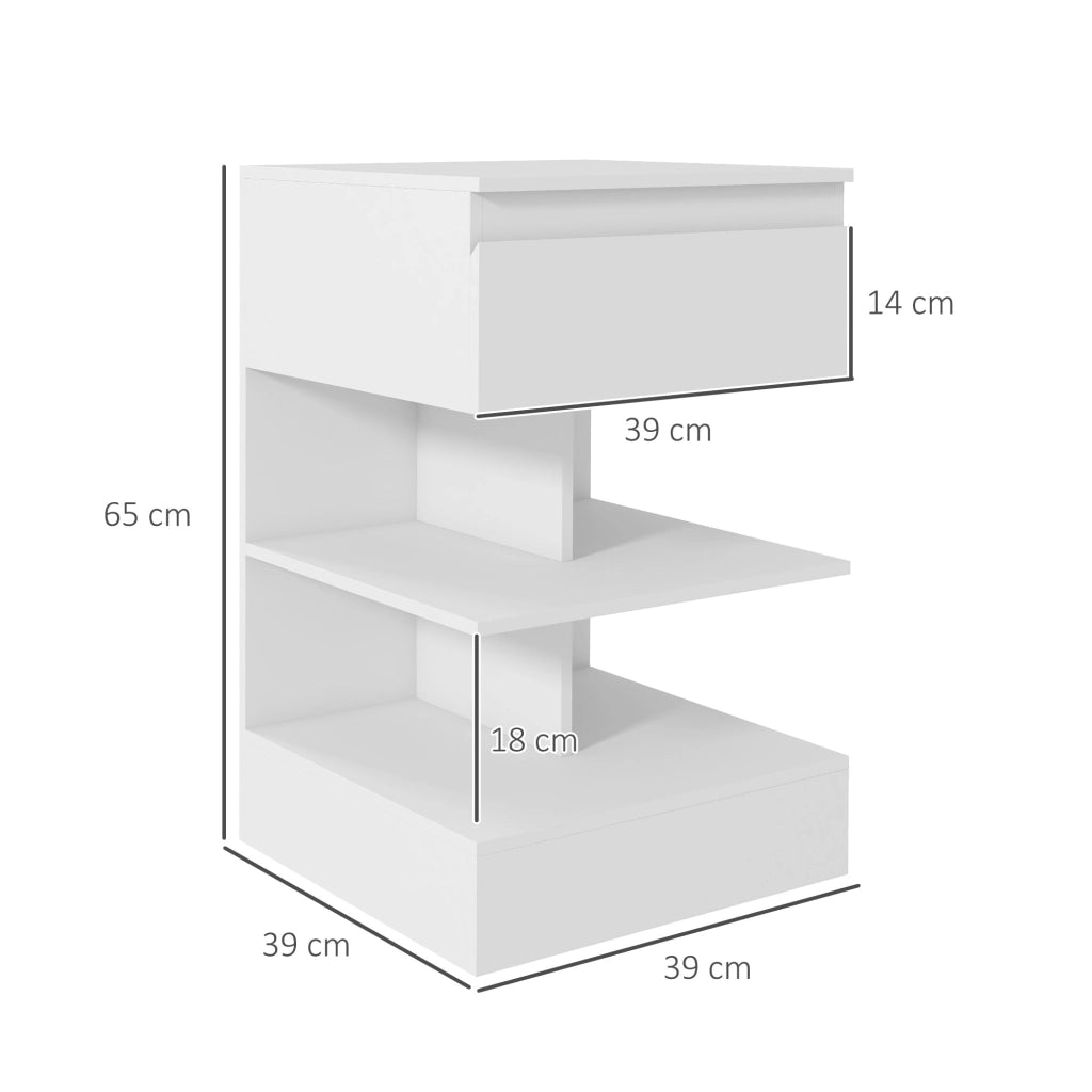 Comodino 39x39x65 cm 2 Ripiani 1 Cassetto in Truciolato Bianco
