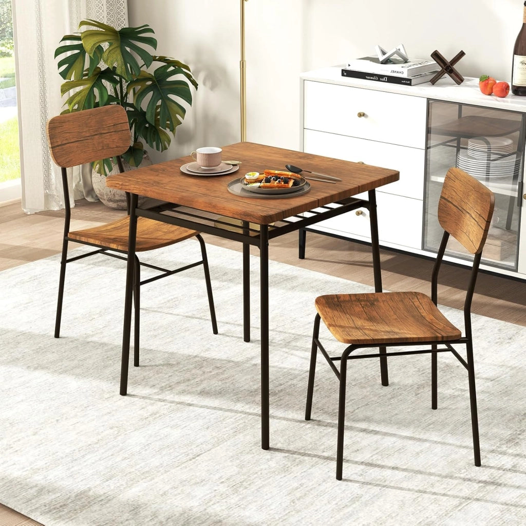 Tavolo da pranzo con 2 sedie, tavolo da pranzo per 2 persone, 70 x 70 cm, tavolo da pranzo con ripiano, gruppo da pranzo con telaio in metallo, set da cucina (marrone usticale)