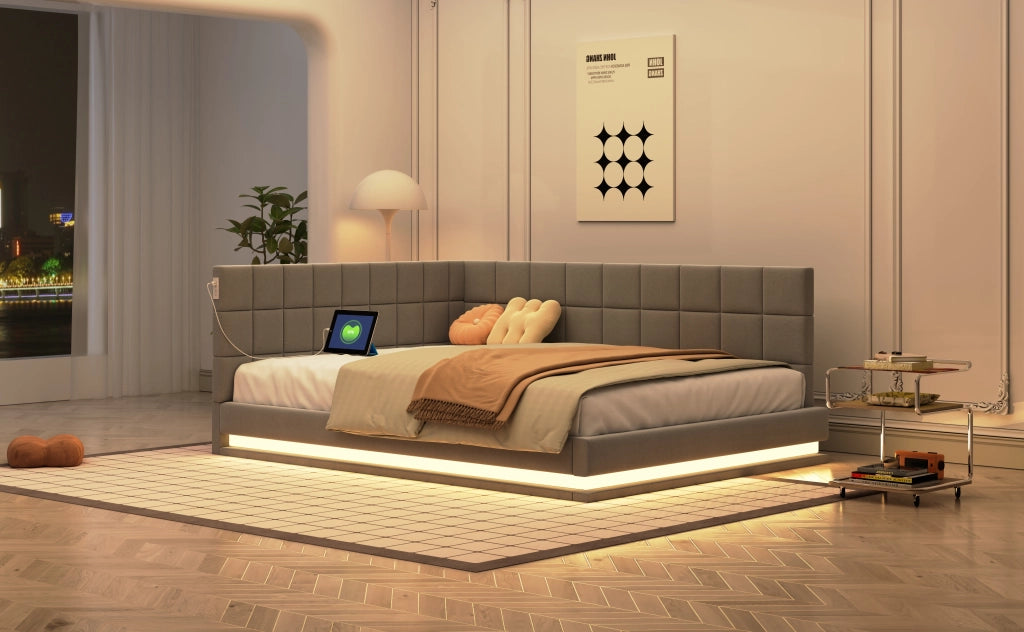DESMIU Divano letto 140 × 200 cm 2 posti con LED, USB e rete, senza materasso, in lino, grigio
