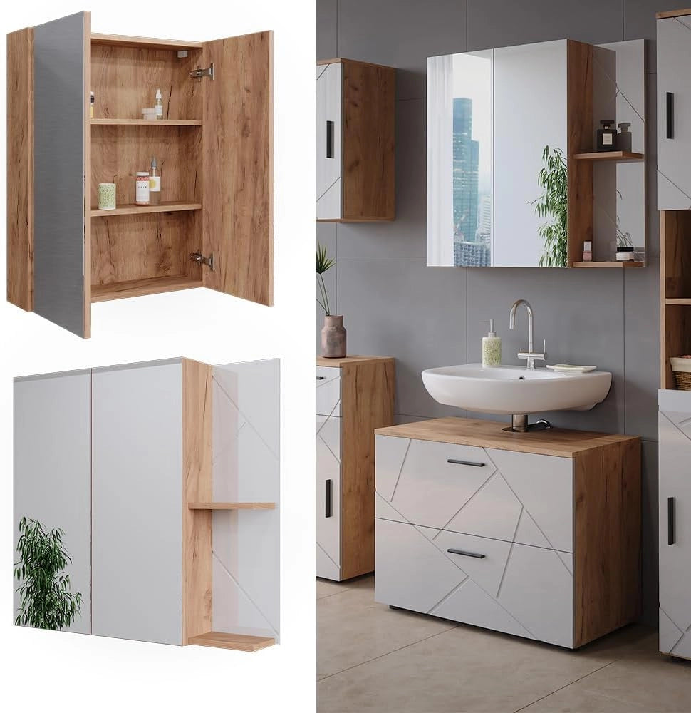 Mobile a specchio per il bagno Irma, Rovere Goldkraft/bianco lucido, 80 x 75 cm