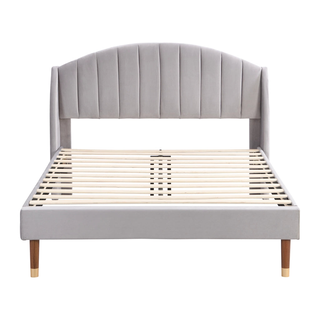OKWISH Letto Matrimoniale 140×200 cm con Testiera Imbottita e Doghe in Legno, senza Materasso, in Velluto, Grigio