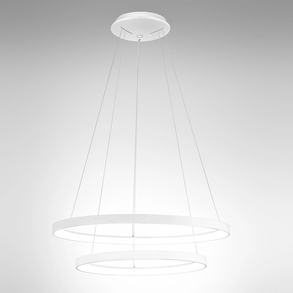 Krizia - Lampada a sospensione led doppia 88W dimmerabile - 6300lm, luce calda 3000K, anelli bianchi opachi, diffusore opale, IP20, d. 60+80 cm