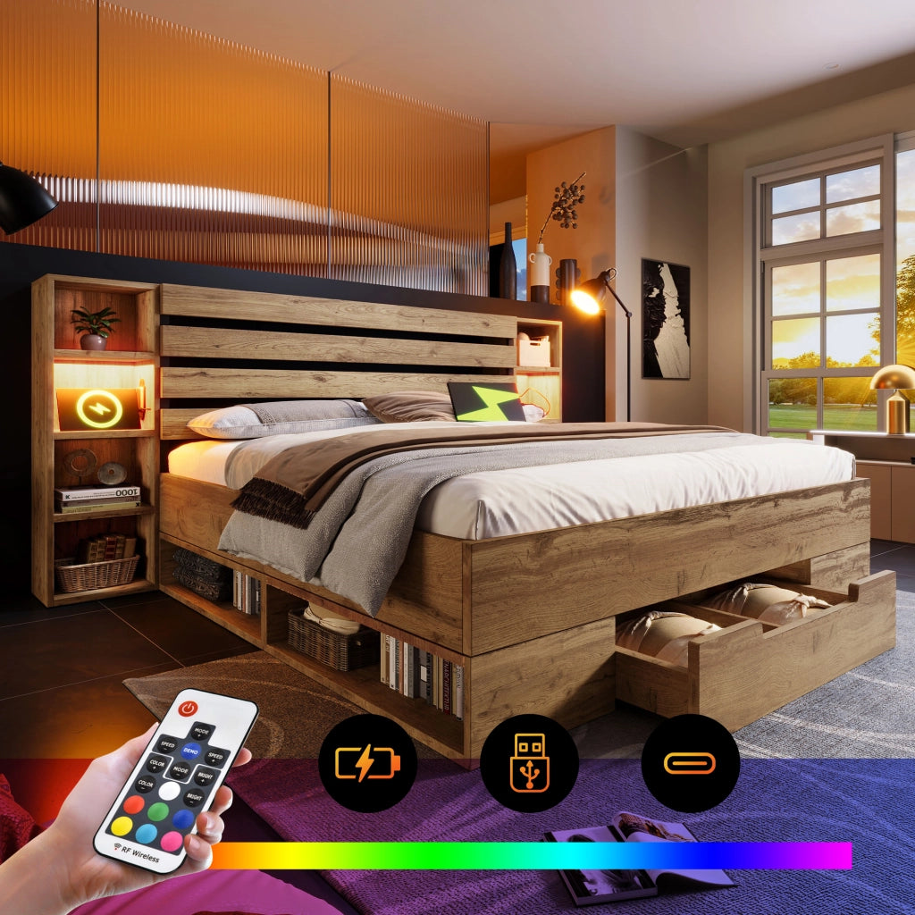 LETTO Matrimoniale 160x200 cm con LED USB e cassetti in legno e metallo rovere