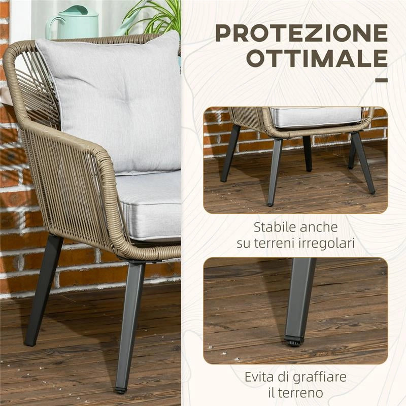 SET DA GIARDINO IN RATTAN E ACCIAIO CON 2 SEDIE MODERNE E 1 TAVOLINO DA CAFFÈ