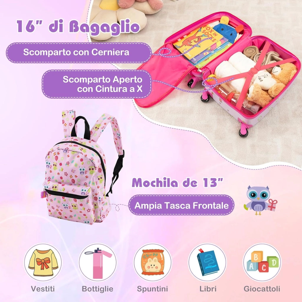 5 Pezzi Valigia per Bambini, Valigia con ManicoTelescopico da 16" con 13" Zainetto, Cuscino per Il Collo, Etichetta per Bagaglio, Borsa per Il Pranzo, con Ruote Girevoli a 360 ° (Modello 4)