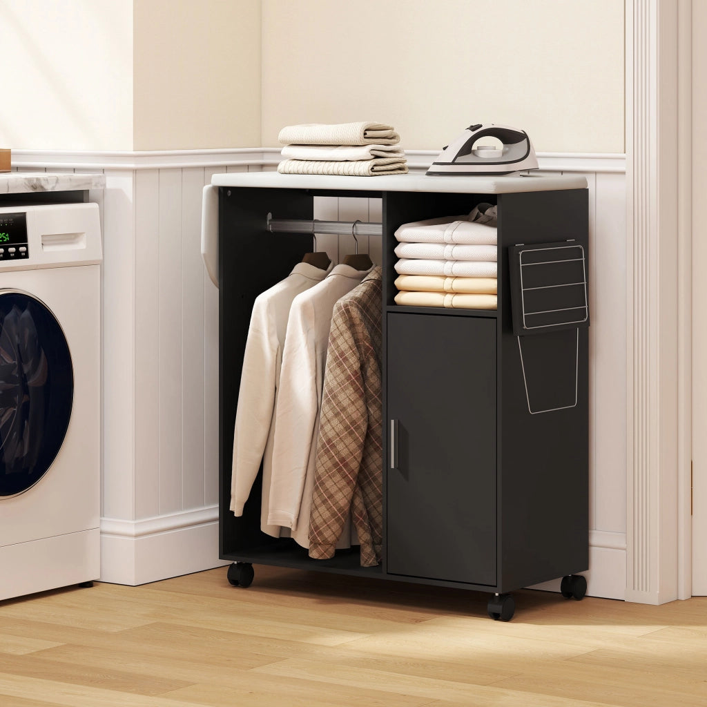 Mobile Asse da Stiro con Piano d'Appoggio ¨C Zephmum ¨C Effetto Lino, Nero, 127x42.5x99 cm