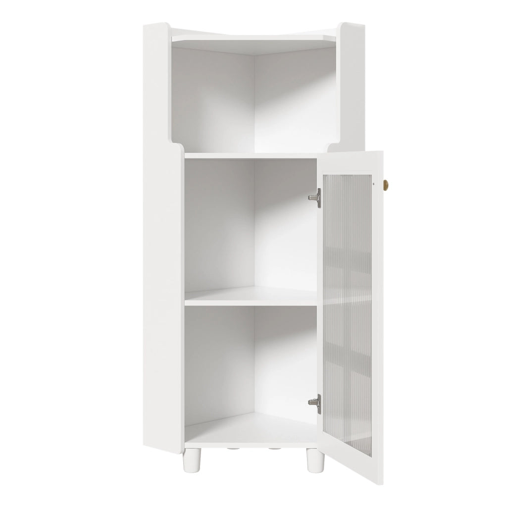 Mobile angolare con LED e 1 vano aperto, armadietto in vetro a 2 livelli, per soggiorno, bagno e cucina, in MDF, bianco, 63,5 × 124 cm